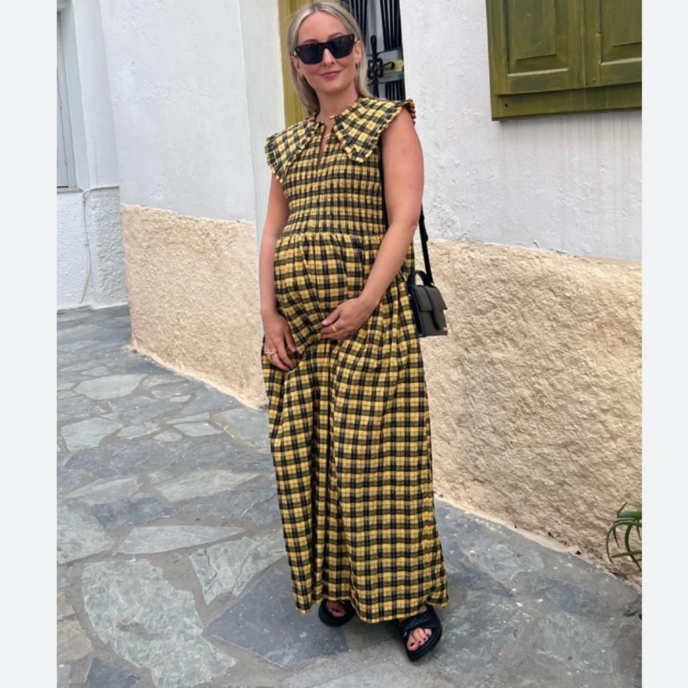 GANNI Collared Plaid Shirred Gingham Seersucker Yellow Maxi Midi Dress 36/ US 6 - Picture 4 of 8